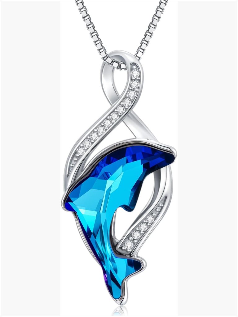 Sterling Silver Dolphin Pendant Necklace With Blue Crystal